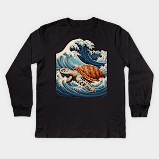 Japanese Kawaii Sea Turtle Great Wave Off Kanagawa Kids Long Sleeve T-Shirt